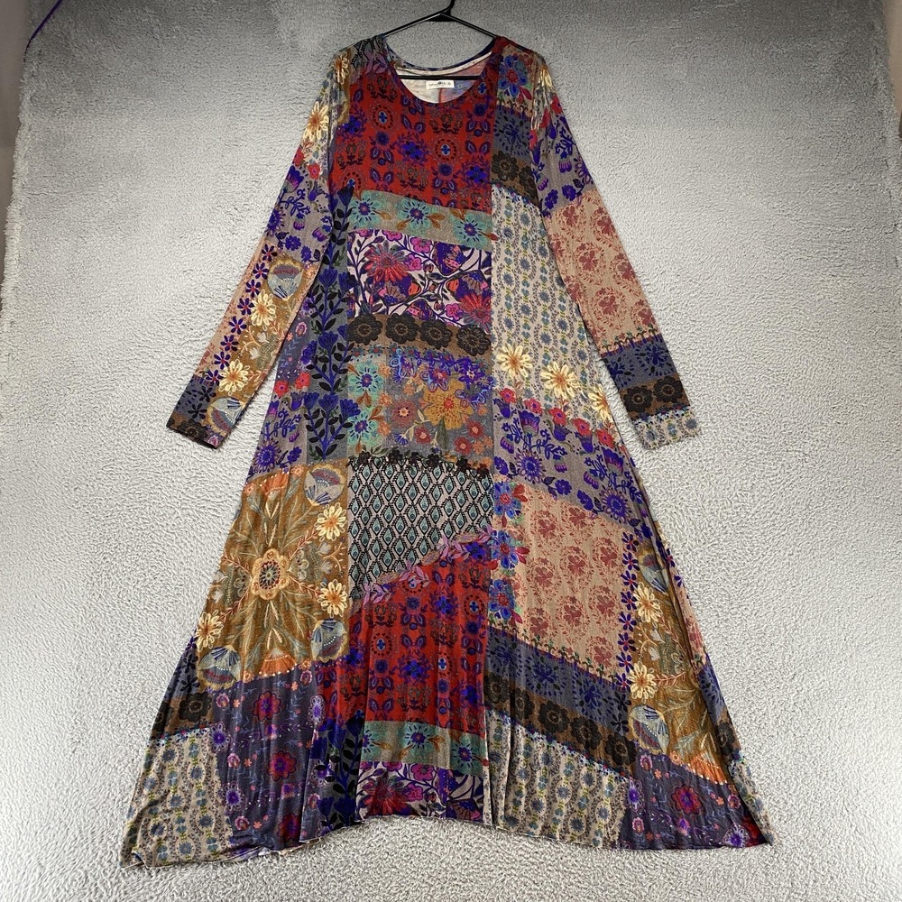 Natural Life Maxi Dress Womens XL Patchwork Floral Boho Jersey Long Sleeve - Picture 2 of 13